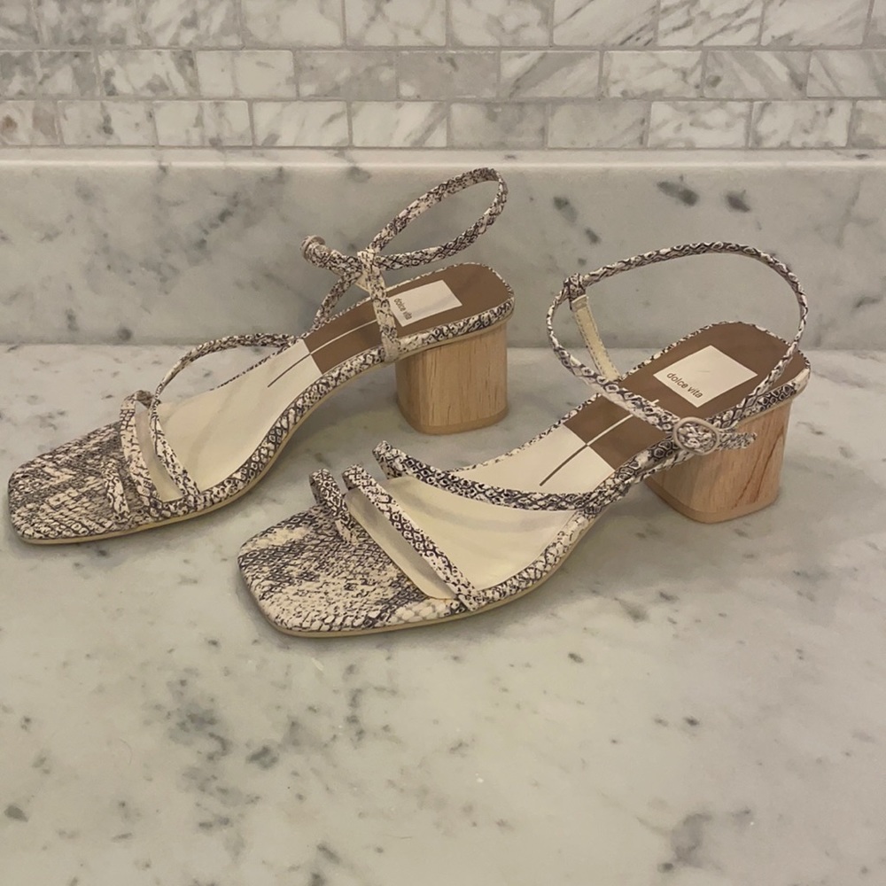 New Dolce Vita strappy sandal with grey snake print and block heel